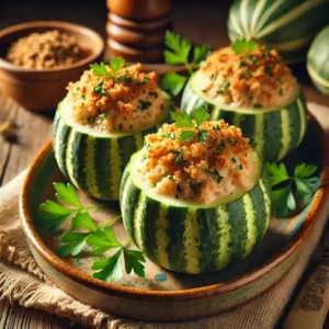 Traditionele Hollandse gevulde komkommer: uitgeholde komkommerhelften gevuld met een romig gehaktmengsel van ui en kruiden, afgetopt met goudbruin gebakken paneermeel. Geserveerd op een keramisch bord met verse peterselie in een warme, huiselijke setting.
