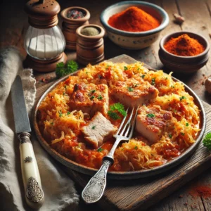 Een hartige Hongaarse zuurkoolschotel, gevuld met malse stukjes schouderkarbonade en gekruid met paprika. De romige tomaten-crème fraîche saus zorgt voor een rijke smaak, terwijl de bovenkant een licht goudbruine garing heeft. Het gerecht is gegarneerd met verse peterselie. Naast het bord liggen een vintage vork en mes, samen met een linnen servet op een rustieke houten tafel. Op de achtergrond staat een houten snijplank met extra zuurkool, een schaaltje paprikapoeder en een lepel crème fraîche. De warme, natuurlijke belichting benadrukt de diepe smaken en robuuste texturen van dit verwarmende wintergerecht.