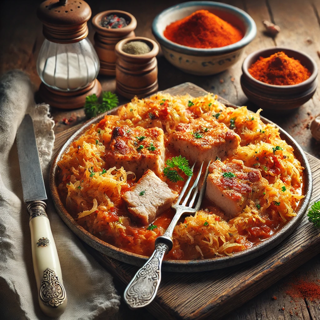 Een hartige Hongaarse zuurkoolschotel, gevuld met malse stukjes schouderkarbonade en gekruid met paprika. De romige tomaten-crème fraîche saus zorgt voor een rijke smaak, terwijl de bovenkant een licht goudbruine garing heeft. Het gerecht is gegarneerd met verse peterselie. Naast het bord liggen een vintage vork en mes, samen met een linnen servet op een rustieke houten tafel. Op de achtergrond staat een houten snijplank met extra zuurkool, een schaaltje paprikapoeder en een lepel crème fraîche. De warme, natuurlijke belichting benadrukt de diepe smaken en robuuste texturen van dit verwarmende wintergerecht.
