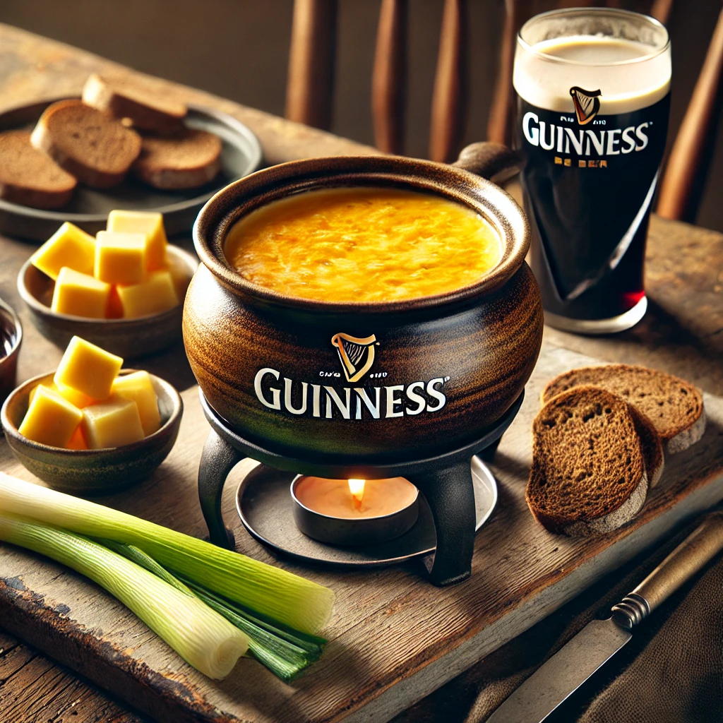 Een rustieke houten tafel met een Ierse cheddarfondue, gemaakt met Guinness, geserveerd in een traditionele caquelon. Ernaast liggen blokjes roggebrood, gekookte prei en een glas donkere Guinness, wat een warme en gezellige Ierse sfeer creëert.