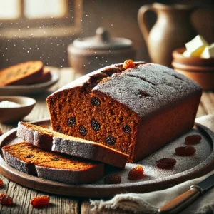 Goudbruin gingerbread met rozijnen en gekonfijte gember, licht bestoven met poedersuiker, geserveerd met roomboter op een rustieke houten tafel.
