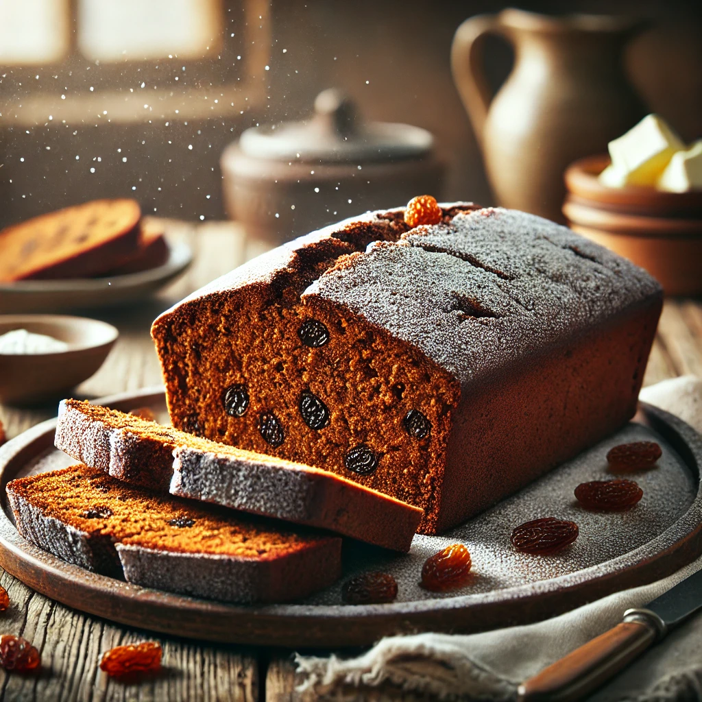 Goudbruin gingerbread met rozijnen en gekonfijte gember, licht bestoven met poedersuiker, geserveerd met roomboter op een rustieke houten tafel.