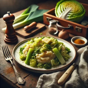 Een bord met romige Ierse stamppot, gemaakt van smeuïge aardappelpuree gemengd met geroerbakte groene kool en prei. Het gerecht is op smaak gebracht met een vleugje nootmuskaat en gegarneerd met een smeltend klontje boter. Naast het bord liggen een vintage vork en mes, samen met een linnen servet op een rustieke houten tafel. Op de achtergrond staat een houten snijplank met verse groene kool, prei en een schaaltje nootmuskaat. De warme, natuurlijke belichting benadrukt de troostrijke en hartige smaken van dit traditionele Ierse gerecht.