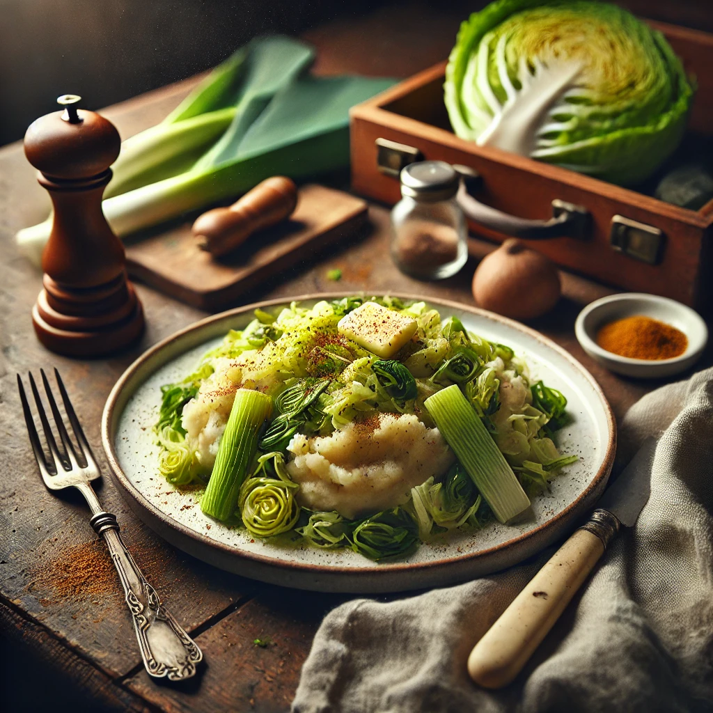 Een bord met romige Ierse stamppot, gemaakt van smeuïge aardappelpuree gemengd met geroerbakte groene kool en prei. Het gerecht is op smaak gebracht met een vleugje nootmuskaat en gegarneerd met een smeltend klontje boter. Naast het bord liggen een vintage vork en mes, samen met een linnen servet op een rustieke houten tafel. Op de achtergrond staat een houten snijplank met verse groene kool, prei en een schaaltje nootmuskaat. De warme, natuurlijke belichting benadrukt de troostrijke en hartige smaken van dit traditionele Ierse gerecht.