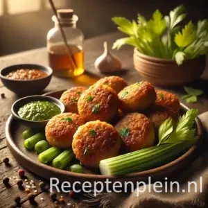 Goudbruine Indische frikadelletjes met aardappel en selderij op rustiek bord met dipsaus op houten tafel.