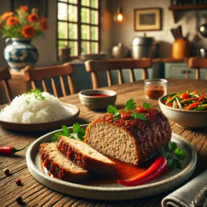 Een rustieke houten tafel met plakjes Indonesisch gehaktbrood, bereid in de magnetron. Het gehaktbrood is sappig en lichtbruin, gekruid met oosterse specerijen en afgewerkt met een sojaglazuur. Het is gegarneerd met verse kruiden en rode peperringetjes. Geserveerd met witte rijst en roergebakken groenten. De achtergrond toont een knusse keuken met warme, natuurlijke verlichting.