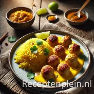 Een stijlvol gepresenteerd bord met Indonesische kokosgehaktballetjes in romige saus, geserveerd met gele kerrierijst, limoenpartje en sambal op een rustieke houten tafel.