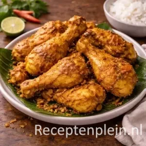 Goudbruin gefrituurde stukken kip op een schaal voor het recept Krokante Gele Kip maken.