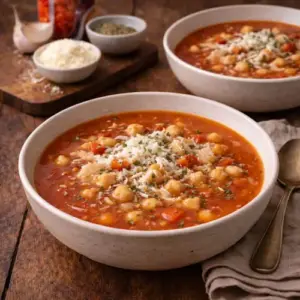 Kom kikkererwtensoep met tomaten, ui, Parmezaanse kaas en Italiaanse kruiden op een rustieke houten tafel, geserveerd met warme kleuren en zachte belichting.