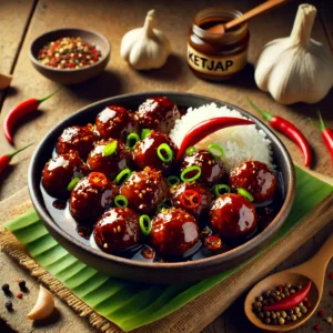 Glanzende Javaanse gehaktballetjes in een dikke ketjapsaus, geserveerd in een keramische schaal met rode peper, lente-ui en sesamzaad, naast witte rijst op een bananenblad op een rustieke houten tafel.