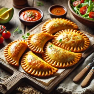 Een rustieke houten tafel met versgebakken kaas empanada’s, goudbruin en knapperig, geserveerd op een houten plank. De empanada’s hebben een bladerdeegkorst met licht gekartelde randen en een smeuïge kaasvulling. Ernaast staat een kommetje pittige dipsaus en enkele verse kruiden. De tafel is sfeervol aangekleed met een salade van cherrytomaten en avocadoschijfjes, en warm natuurlijk licht benadrukt de texturen van het eten en de tafel.