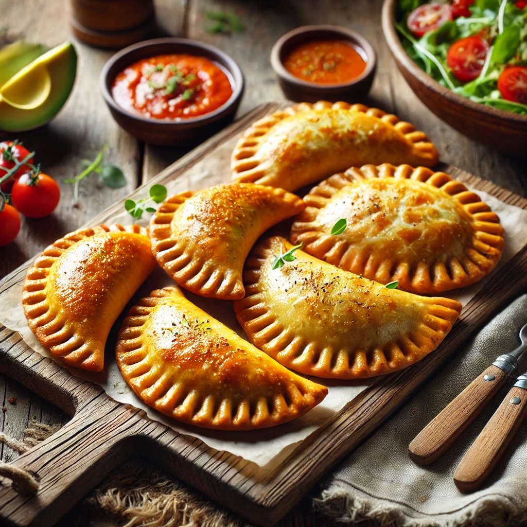Een rustieke houten tafel met versgebakken kaas empanada’s, goudbruin en knapperig, geserveerd op een houten plank. De empanada’s hebben een bladerdeegkorst met licht gekartelde randen en een smeuïge kaasvulling. Ernaast staat een kommetje pittige dipsaus en enkele verse kruiden. De tafel is sfeervol aangekleed met een salade van cherrytomaten en avocadoschijfjes, en warm natuurlijk licht benadrukt de texturen van het eten en de tafel.