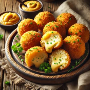 Een bord met goudbruine, knapperige kaasbitterballen, vers gebakken en geserveerd op een rustieke houten plank. De bitterballen hebben een krokante paneerlaag en zijn gegarneerd met fijngehakte verse kruiden zoals peterselie en bieslook. Eén bitterbal is opengesneden, waardoor de romige, gesmolten kaasvulling met mosterdkaas en kruiden zichtbaar is. Ernaast staat een klein schaaltje kerriesaus voor dippen. De setting bevat een houten tafel, een linnen servet en warme sfeerverlichting die de texturen en smaken benadrukt.