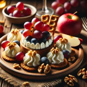 Een rustieke houten tafel met een prachtig opgemaakt bord met kaascrème, portgemarineerde druiven en frisse appelplakjes, gegarneerd met walnoten en roggesnacks.