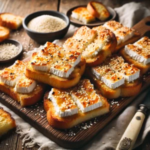 Een knapperige kaascrisp gemaakt van goudbruin geroosterd casinobrood, belegd met romige gesmolten geitenkaas en bestrooid met licht geroosterde witte sesamzaadjes. De toasts liggen op een houten serveerplank, met een klein schaaltje extra sesamzaad ernaast. Op de rustieke houten tafel ligt een linnen servet en een vintage mes. Zachte natuurlijke verlichting benadrukt de warme tinten en krokante texturen van het gerecht.