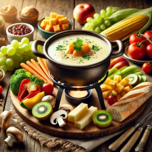 Een rustieke houten tafel met een klassieke Zwitserse kaasfondue, geserveerd in een traditionele caquelon. Ernaast liggen diverse dipopties zoals kiwi, perzik, peer, champignons, worteltjes, paprika, tomaten, maïs, bleekselderij en knapperig stokbrood. De setting straalt warmte en gezelligheid uit.
