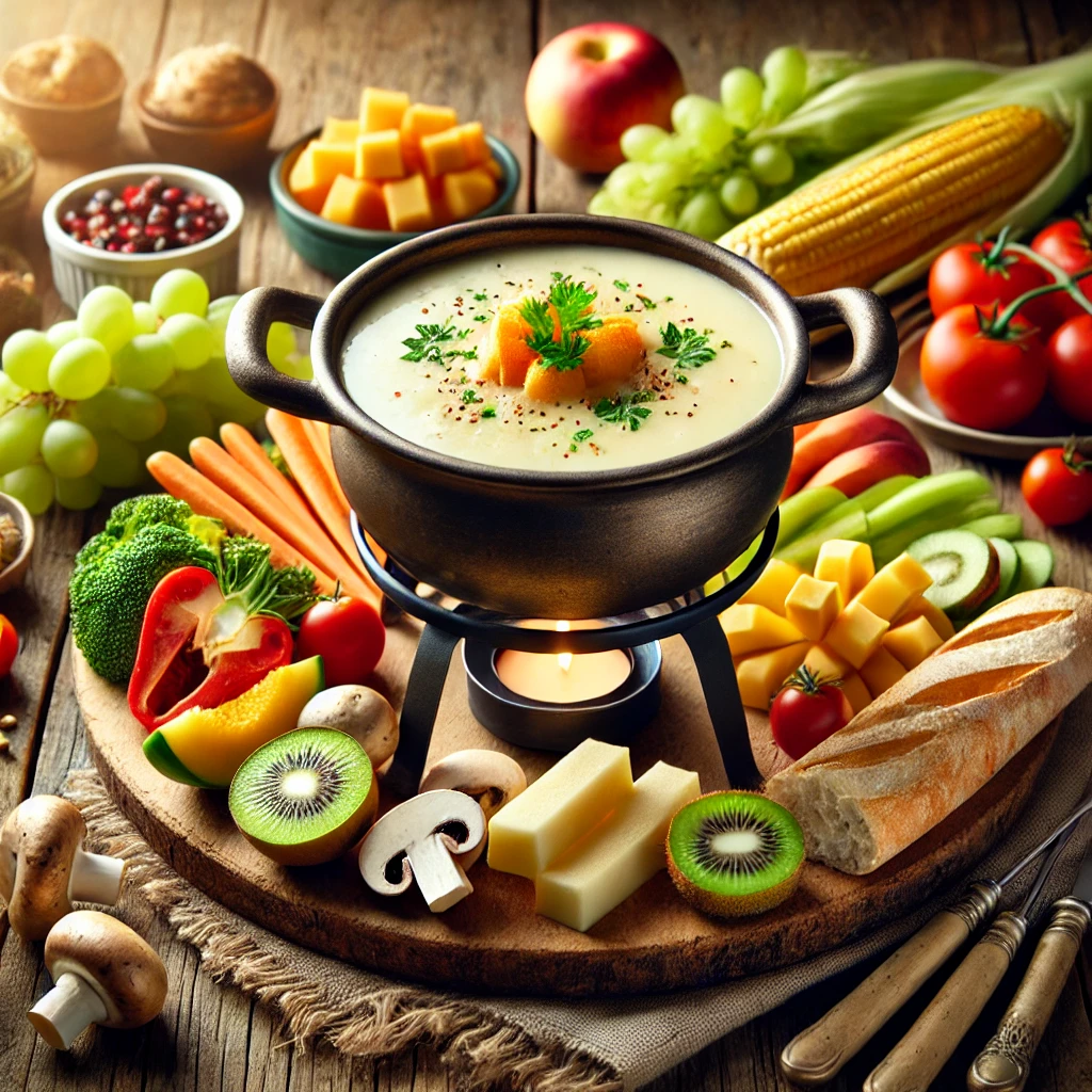 Een rustieke houten tafel met een klassieke Zwitserse kaasfondue, geserveerd in een traditionele caquelon. Ernaast liggen diverse dipopties zoals kiwi, perzik, peer, champignons, worteltjes, paprika, tomaten, maïs, bleekselderij en knapperig stokbrood. De setting straalt warmte en gezelligheid uit.