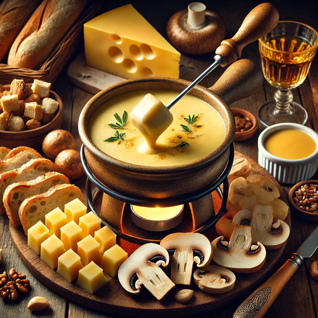 Een rustieke setting met een dampende pot kaasfondue, gemaakt van Emmentaler, Gruyère en Tilsiter, met een romige en goudgele textuur. Rond de fonduepot liggen halve plakjes mosterdcervelaat, vers gesneden champignons besprenkeld met citroensap, en blokjes ciabatta en notenbrood. Een fonduevork met een stukje brood wordt in de kaas gedoopt. Op de houten tafel staan een klein glas kirsch of jenever en sfeervolle warme verlichting die de gezellige ambiance benadrukt.