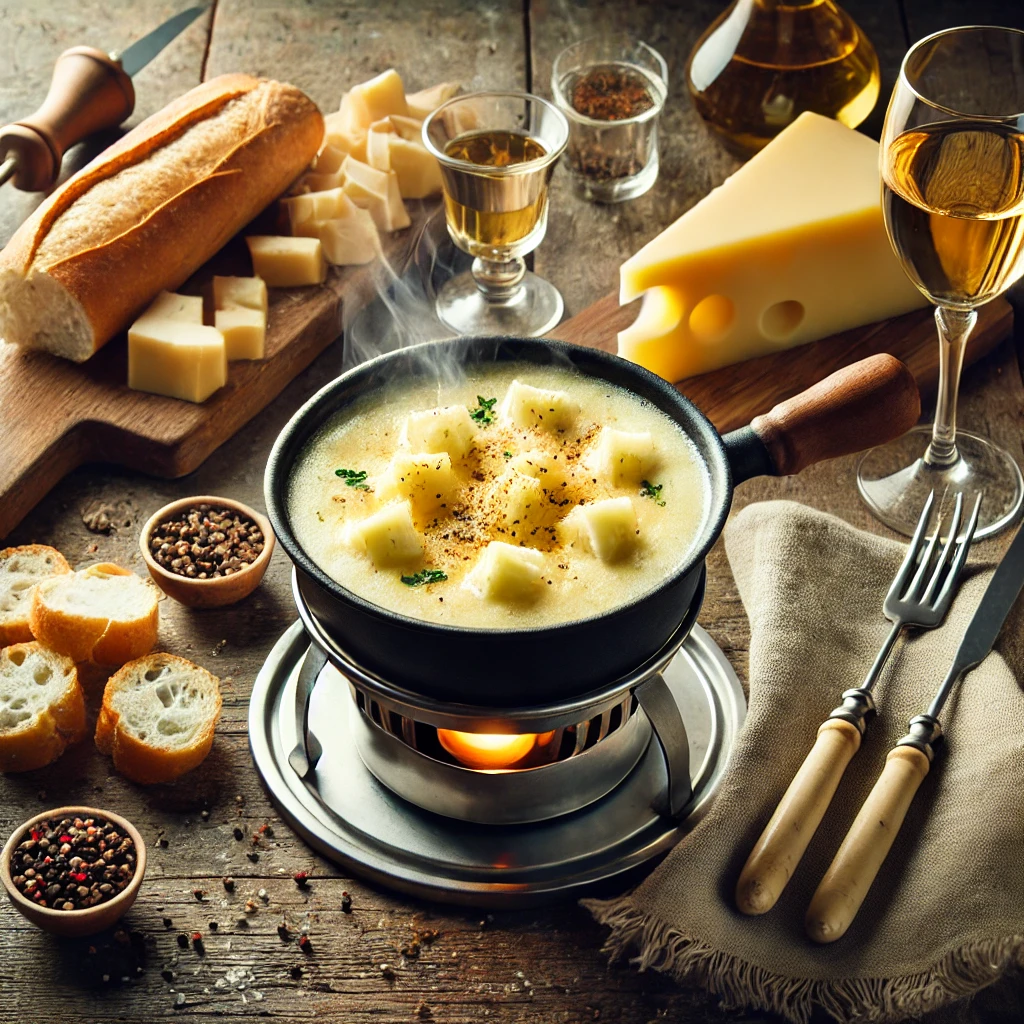 Een dampende pot Zwitserse kaasfondue, gemaakt met Gruyère, Emmentaler en Tilsitter of Appenzeller. De kaas is romig en goudgeel, geserveerd met stukjes knapperig stokbrood om in de fondue te dippen. Ernaast staan een glas Zwitserse witte wijn en een borrelglas kirsch. Versgemalen peper en een snufje nootmuskaat geven extra smaak. De rustieke houten tafel is sfeervol gedekt met een linnen servet en vintage fonduevorken, omringd door warme, zachte verlichting.