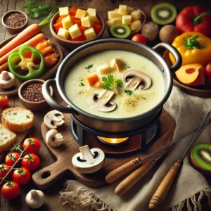 Een romige kaasfondue met Gruyère en Emmentaler, geserveerd in een fonduepan op een rustieke houten tafel. Ernaast ligt een kleurrijke selectie van champignons, worteltjes, paprika, tomaten, kiwi en perzik, klaar om te dippen. Stukjes knapperig stokbrood en een schaaltje fijngesneden kruiden maken de setting compleet. De zachte natuurlijke verlichting benadrukt de warme en uitnodigende sfeer van het gerecht.