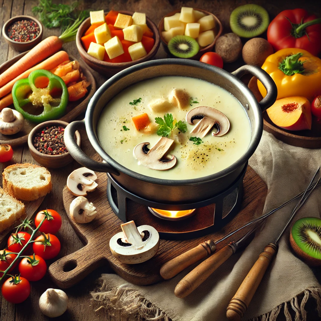 Een romige kaasfondue met Gruyère en Emmentaler, geserveerd in een fonduepan op een rustieke houten tafel. Ernaast ligt een kleurrijke selectie van champignons, worteltjes, paprika, tomaten, kiwi en perzik, klaar om te dippen. Stukjes knapperig stokbrood en een schaaltje fijngesneden kruiden maken de setting compleet. De zachte natuurlijke verlichting benadrukt de warme en uitnodigende sfeer van het gerecht.