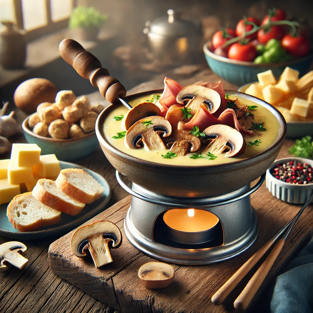 Romige kaasfondue met ham en gebakken champignons, geserveerd in een fonduepan op een rustieke houten tafel, met brood en groenten om te dippen.