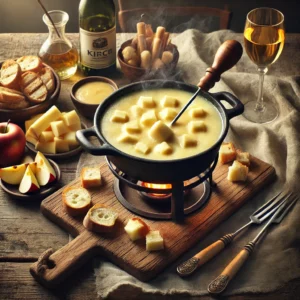 Een warme en gezellige setting met een pot romige kaasfondue, gemaakt van een mix van jonge en oude kaas. De fondue borrelt zachtjes in een zwarte pan en wordt geroerd met een houten lepel. Ernaast staan stukjes knapperig brood, schijfjes appel en gestoomde groenten om in de gesmolten kaas te dippen. Een glas kirsch en een fles droge witte wijn maken de sfeer compleet. De rustieke houten tafel is sfeervol gedekt met een linnen servet en vintage fonduevorken.