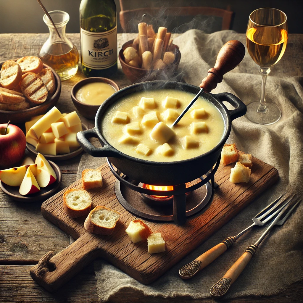 Een warme en gezellige setting met een pot romige kaasfondue, gemaakt van een mix van jonge en oude kaas. De fondue borrelt zachtjes in een zwarte pan en wordt geroerd met een houten lepel. Ernaast staan stukjes knapperig brood, schijfjes appel en gestoomde groenten om in de gesmolten kaas te dippen. Een glas kirsch en een fles droge witte wijn maken de sfeer compleet. De rustieke houten tafel is sfeervol gedekt met een linnen servet en vintage fonduevorken.