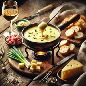 Een warme setting met een pot romige kaasfondue, gemaakt van Emmentaler, Gruyère, Kernhem en Paturain. De kaasfondue borrelt zachtjes, terwijl stukjes stokbrood, fijngehakte bosui en dunne plakjes ham klaarstaan om gedipt te worden. Een glas witte wijn en specerijen zoals nootmuskaat en peper completeren de tafel. De rustieke houten tafel is sfeervol gedekt met een linnen servet en vintage fonduevorken, met zachte verlichting die de gezellige sfeer benadrukt.