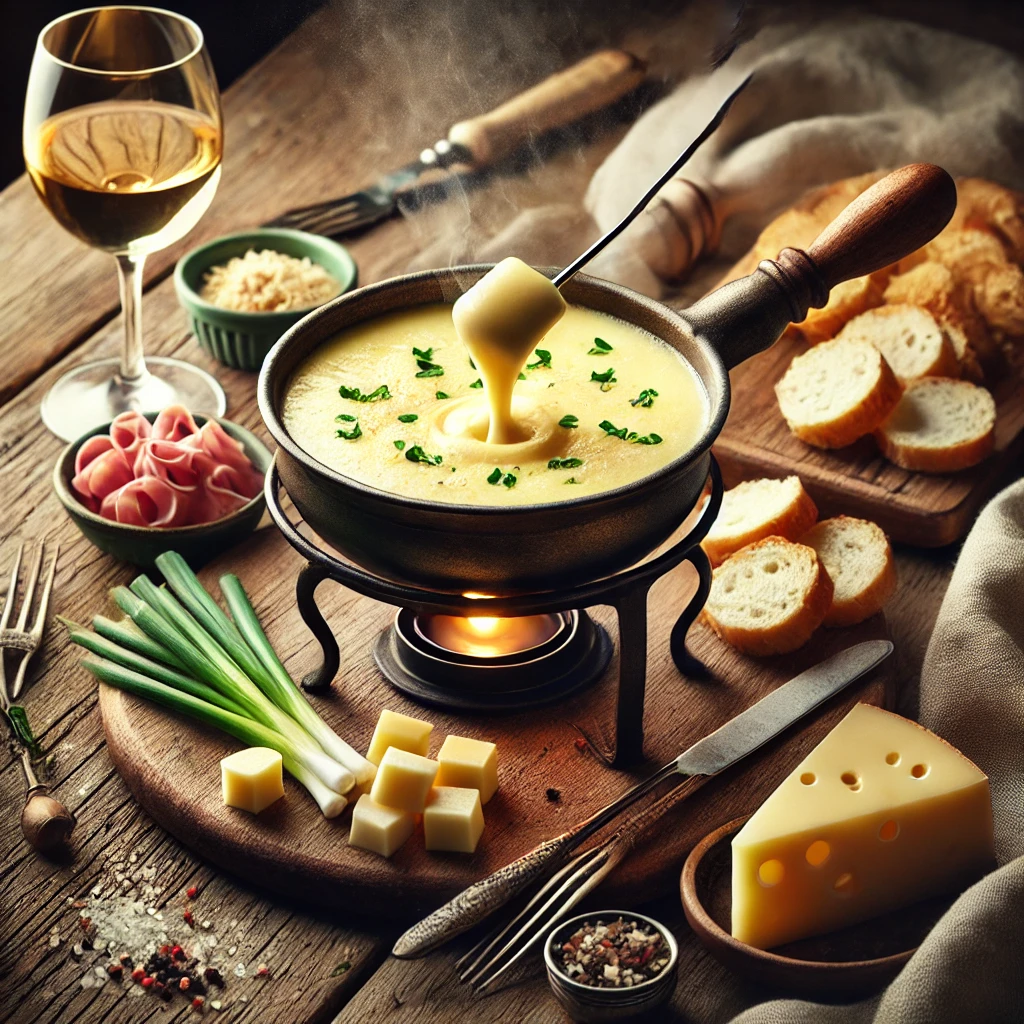Een warme setting met een pot romige kaasfondue, gemaakt van Emmentaler, Gruyère, Kernhem en Paturain. De kaasfondue borrelt zachtjes, terwijl stukjes stokbrood, fijngehakte bosui en dunne plakjes ham klaarstaan om gedipt te worden. Een glas witte wijn en specerijen zoals nootmuskaat en peper completeren de tafel. De rustieke houten tafel is sfeervol gedekt met een linnen servet en vintage fonduevorken, met zachte verlichting die de gezellige sfeer benadrukt.