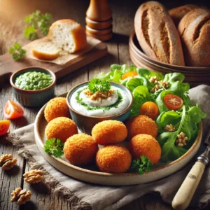 Een bord met knapperige, goudbruine kaaskroketjes, geserveerd met een kommetje pittige mierikswortelsaus, verse peterselie en partjes tomaat. Op de achtergrond ligt een salade van lollo rosso en bruin stokbrood op een rustieke houten tafel.