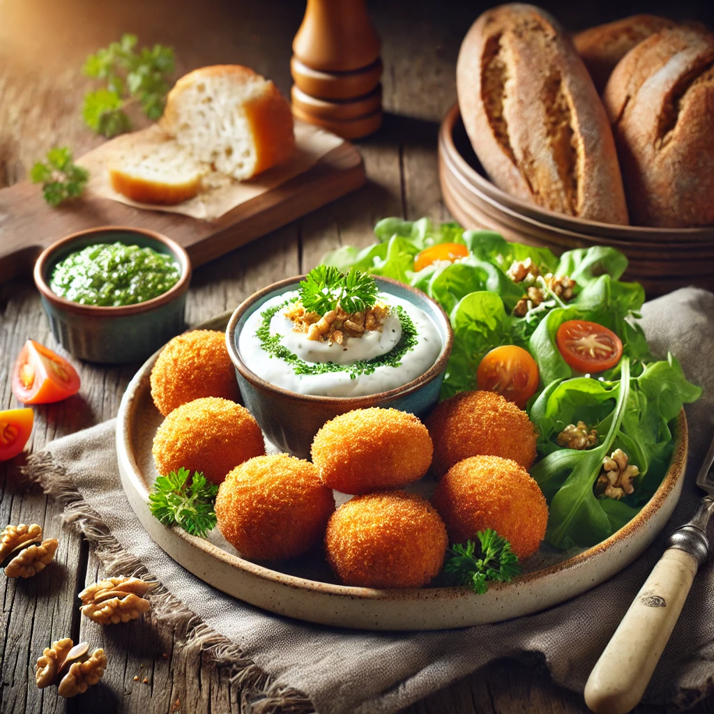 Een bord met knapperige, goudbruine kaaskroketjes, geserveerd met een kommetje pittige mierikswortelsaus, verse peterselie en partjes tomaat. Op de achtergrond ligt een salade van lollo rosso en bruin stokbrood op een rustieke houten tafel.