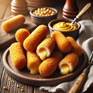 Een bord met knapperige, goudbruine kaaskroketten, langwerpig en vers gefrituurd. Eén kroket is doorgesneden, zodat de smeuïge, gesmolten kaasvulling goed zichtbaar is. De kroketten worden geserveerd op een houten snijplank, met een schaaltje mosterd om te dippen. Op de rustieke houten tafel liggen een linnen servet en een vintage vork. Zachte natuurlijke verlichting benadrukt de warme tinten en de krokante textuur van de kroketten.