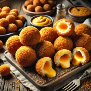 Een schaal met knapperige, goudbruine kaaskroketten en bitterballen, vers uit de frituur. Eén is doorgesneden, waardoor de romige, gesmolten kaasvulling goed zichtbaar is. De hapjes worden geserveerd op een houten plank met een schaaltje pittige mosterd om te dippen. Op de rustieke houten tafel liggen een linnen servet, een vintage vork en een klein bakje extra paneermeel. Zachte natuurlijke verlichting benadrukt de krokante textuur en warme tinten van de borrelhapjes.