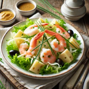 Een frisse kaassalade met dunne reepjes jonge kaas, sappige garnalen en fijngehakte bieslook, geserveerd op een bedje van knapperige kropsla. De salade is gegarneerd met zwarte olijven en besprenkeld met een pittige mosterdvinaigrette. Op de rustieke houten tafel liggen een linnen servet, een vintage vork en een klein schaaltje met extra dressing. Zachte natuurlijke verlichting benadrukt de verse kleuren en smaken van het gerecht.
