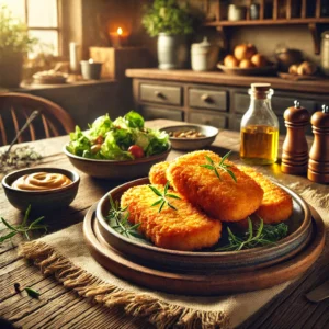 Een rustieke houten tafel met een bord knapperig goudbruine kaassteaks, gegarneerd met verse kruiden. De kaassteaks zijn dik en hebben een perfect gesmolten binnenkant. Een klein kommetje dipsaus en een frisse salade als bijgerecht. De achtergrond toont een gezellige keuken met warme verlichting.