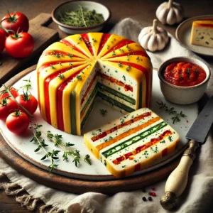 en prachtig geserveerde kaasterrine met kleurrijke laagjes van romige kaas en knapperige groenten, stevig opgesteven en gesneden in nette plakken. De terrine wordt omringd door een frisse tomatensaus en is gegarneerd met verse kruiden. Naast het bord ligt een vintage mes en een linnen servet op een rustieke houten tafel. Op de achtergrond staat een houten snijplank met extra kaas, verse groenten en een schaaltje tomatensaus. De warme, natuurlijke belichting benadrukt de rijke kleuren en verfijnde texturen van dit elegante voorgerecht.