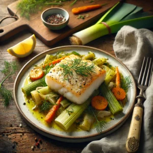 Een heerlijk ovengerecht met een malse, witte kabeljauwfilet, gebakken op een bedje van gestoofde prei en wortelschijfjes. De vis is op smaak gebracht met zout, peper, een vleugje citroensap en verse dille. Smeltende klontjes boter zorgen voor extra romigheid. Naast het bord liggen een vintage vork en mes, samen met een linnen servet op een rustieke houten tafel. Op de achtergrond staat een houten snijplank met extra prei, wortels en een halve citroen. De warme, natuurlijke belichting benadrukt de frisse kleuren en delicate structuren van dit gezonde gerecht.