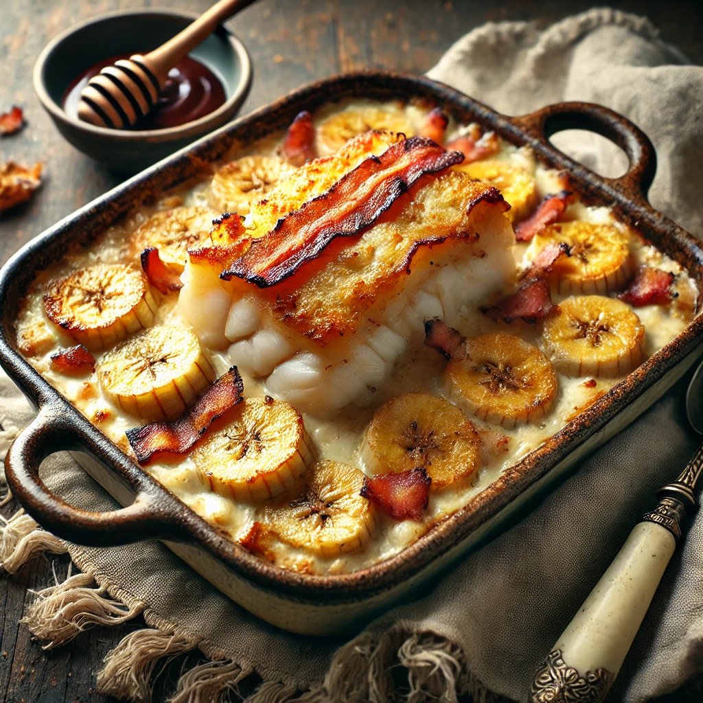 Een verrassende ovenschotel met malse kabeljauw, gekarameliseerde banaan en knapperig spek, overgoten met een romige kaassaus en gegratineerd tot een goudbruine korst. De schotel is geserveerd in een rustieke keramische ovenschaal op een houten tafel, met een vintage opscheplepel, een linnen servet en een klein schaaltje extra saus. Zachte natuurlijke verlichting benadrukt de rijke texturen en warme tinten van het gerecht.
