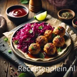 Cinnamon-gekruide kalkoenballetjes geserveerd op gestoofde rode kool op een rustiek houten tafelblad