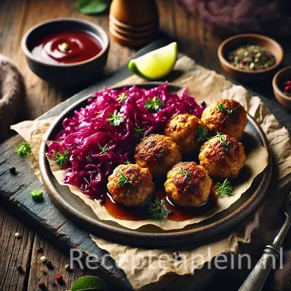 Cinnamon-gekruide kalkoenballetjes geserveerd op gestoofde rode kool op een rustiek houten tafelblad