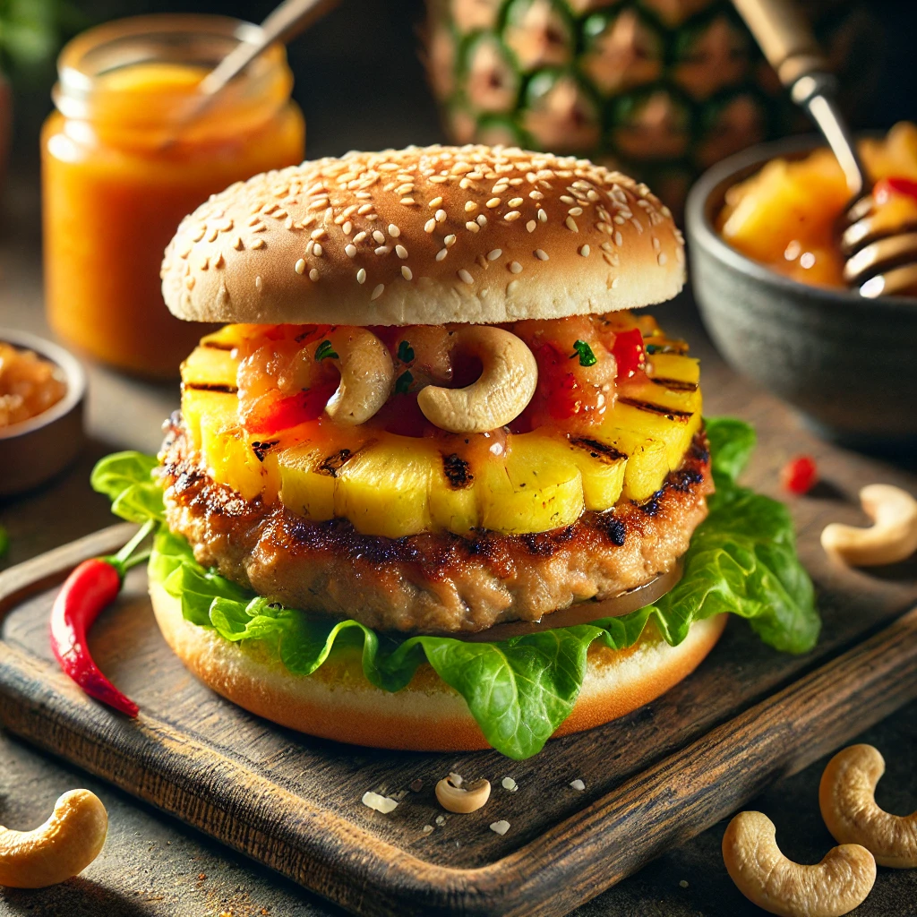 Kalkoenburger op een sesambol met ijsbergsla, ananas, gebakken ui en paprika, cashewnoten en mangochutney, geserveerd op een houten tafel.