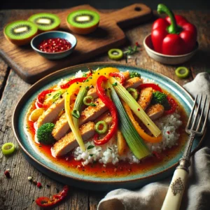 Een smaakvol gerecht met malse reepjes kalkoenschnitzel, gebakken met prei en kleurrijke paprikarepen, overgoten met een rijke rode wijnsaus. Het gerecht wordt geserveerd met luchtige rijst, waarin stukjes verse kiwi zijn verwerkt voor een verrassende zoete touch. Naast het bord liggen een vintage vork en mes, samen met een linnen servet op een rustieke houten tafel. Op de achtergrond staat een houten snijplank met extra groenten, een kommetje saus en verse kiwi. De warme, natuurlijke belichting benadrukt de levendige kleuren en hartige smaken van dit bijzondere gerecht.