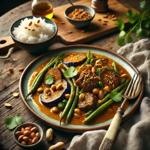 Een traditioneel Filippijns gerecht, Kare-Kare, geserveerd op een rustieke houten tafel. De langzaam gegaarde runderstoof is bedekt met een romige, goudbruine pindasaus en geserveerd met knapperige sperziebonen en zachte aubergine. Het gerecht is gegarneerd met gehakte pinda’s en verse koriander. Naast het bord staat een kom gestoomde rijst. Een vintage lepel en vork rusten op een linnen servet, terwijl op de achtergrond een houten snijplank ligt met extra pinda’s, een fles vissaus en verse groenten. De warme, natuurlijke belichting benadrukt de diepe smaken en rijke texturen van dit authentieke gerecht.