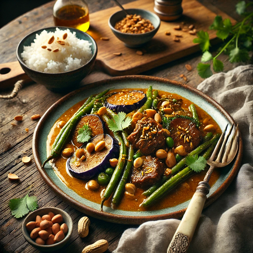 Een traditioneel Filippijns gerecht, Kare-Kare, geserveerd op een rustieke houten tafel. De langzaam gegaarde runderstoof is bedekt met een romige, goudbruine pindasaus en geserveerd met knapperige sperziebonen en zachte aubergine. Het gerecht is gegarneerd met gehakte pinda’s en verse koriander. Naast het bord staat een kom gestoomde rijst. Een vintage lepel en vork rusten op een linnen servet, terwijl op de achtergrond een houten snijplank ligt met extra pinda’s, een fles vissaus en verse groenten. De warme, natuurlijke belichting benadrukt de diepe smaken en rijke texturen van dit authentieke gerecht.