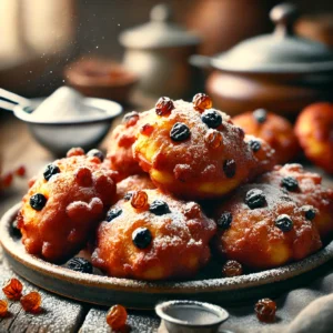 Goudbruine karnemelk oliebollen met krenten en rozijnen, licht bestoven met poedersuiker, geserveerd op een rustieke houten tafel.