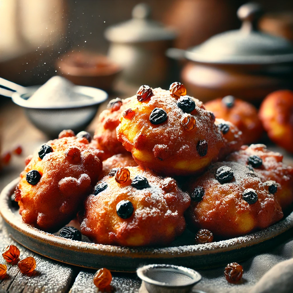 Goudbruine karnemelk oliebollen met krenten en rozijnen, licht bestoven met poedersuiker, geserveerd op een rustieke houten tafel.