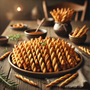 rokante soepstengels met Katenspek, goudbruin gebakken en gedraaid voor extra knapperigheid, geserveerd met een dip en verse kruiden op een rustieke houten tafel.