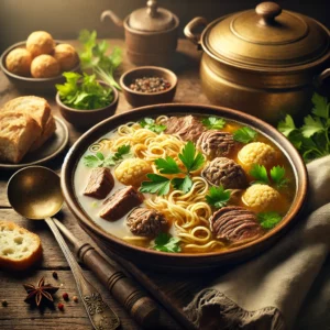 Heldere runderbouillon met vermicelli, soepballetjes, runderpoelet en plakken rollade, geserveerd in een kom op een houten tafel met brood en selderij.