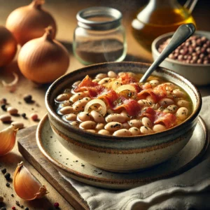 Traditionele stoofschotel van kievitsbonen met uitgebakken spekjes en gebakken uien in een lichte bouillon, geserveerd in een rustieke kom op een houten tafel.